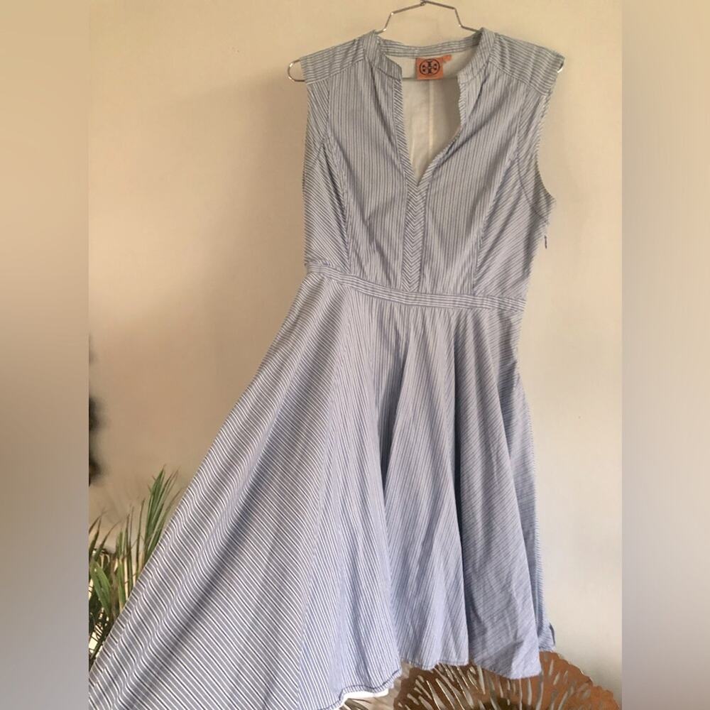 Tori Burch striped dress in blue and white.